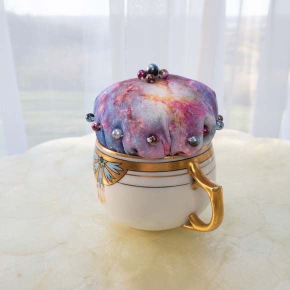 Galaxy Teacup Pincushion Hand Sewn With Craft Pearls Upcycled Austrian Cup NWOT - Picture 6 of 15